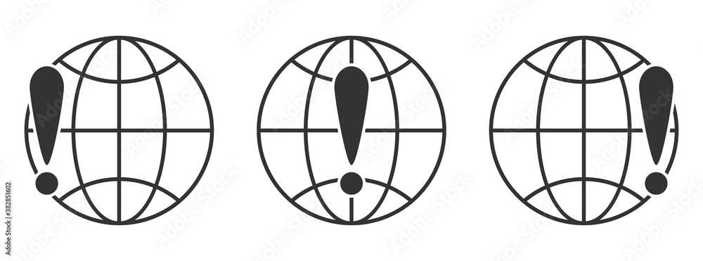 Poster set of linear globe icons. exclamation mark with globe earth symbol.