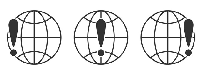 Fototapeta premium Set of linear globe icons. Exclamation mark with globe Earth symbol.