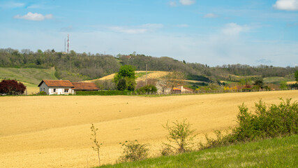 Landscape of a bare field under the spring sun, tree and house in the distance surrounded by...