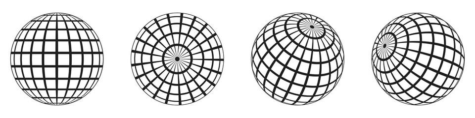3d spheres globe earth. Linear globe grid in different angles.