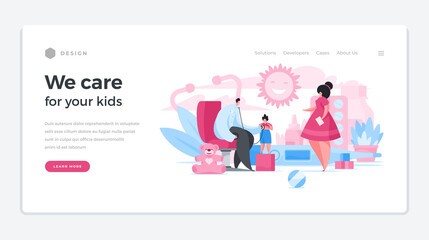 Medical child care landing page template. Male pediatrician in white coat is receiving baby with his mother.