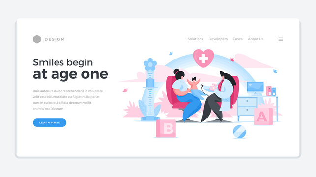 Baby pediatric prevention landing page banner. Childrens doctor carefully listens to child sitting on lap of happy mother.