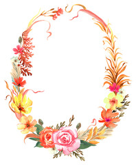 Watercolor floral wreath with roses, dried flowers and grass. Hand drawn boho design border,wedding invitation, save the date card, decoration, template, blank, stationery