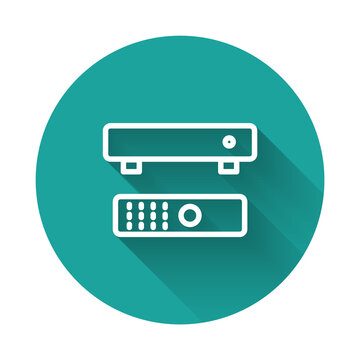 Black Multimedia and TV box receiver and player with remote controller icon isolated on white background. Abstract banner with liquid shapes. Vector.