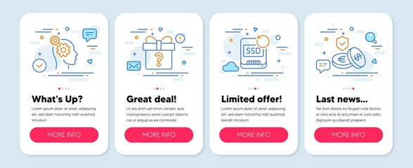 Set of Business icons, such as Recovery ssd, Thoughts, Secret gift symbols. Mobile app mockup banners. Savings insurance line icons. Backup info, Business work, Unknown package. Money exchange. Vector