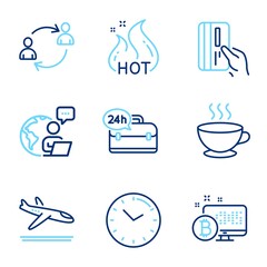 Business icons set. Included icon as Time, Coffee cup, Arrivals plane signs. User communication, Hot sale, 24h service symbols. Bitcoin system, Payment card line icons. Clock, Hot drink. Vector