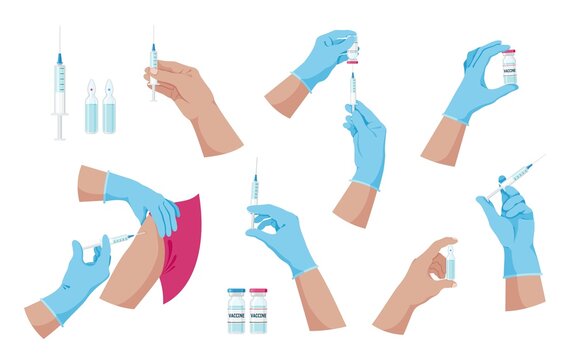 Doctor hands with syringe and ampoule with vaccine or medicine. Doctor hands making an injection. Vaccination and immunization concept. Preventive medicine, treatment. Colorful set. Isolated. Vector