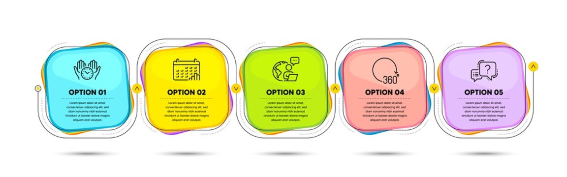 Question mark, Calendar graph and Safe time line icons set. Timeline process flowchart. 360 degrees sign. Quiz chat, Annual report, Hold clock. Full rotation. Technology set. Vector