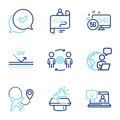 Business icons set. Included icon as 5g internet, Uv protection, Smile signs. Journey path, Approved, Engineering team symbols. Airplane, Megaphone line icons. Wifi connection, Skin cream. Vector