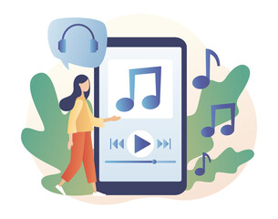 Media player app. Music play list. Tiny girl listen music, sound, audio or radio online with smartphone app. Modern flat cartoon style. Vector illustration on white background