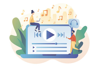 Media player app. Music play list. Tiny people listen music, sound, audio or radio online with laptop. Modern flat cartoon style. Vector illustration on white background
