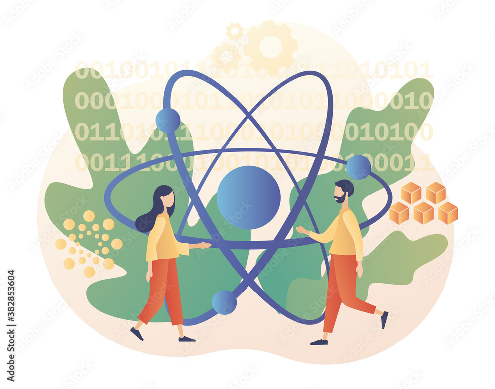 Aufkleber quantum computing concept. optical technology, photonics research. tiny people engineers and scienti