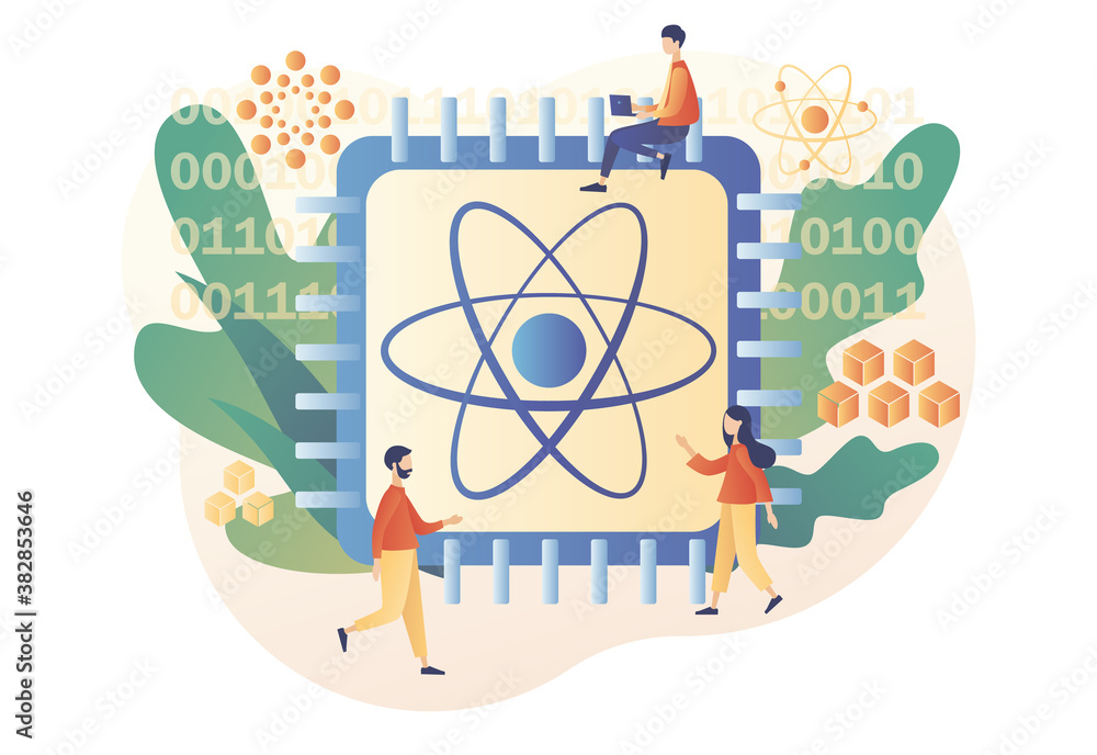 Poster quantum computing concept. optical technology, photonics research. tiny people engineers and scienti