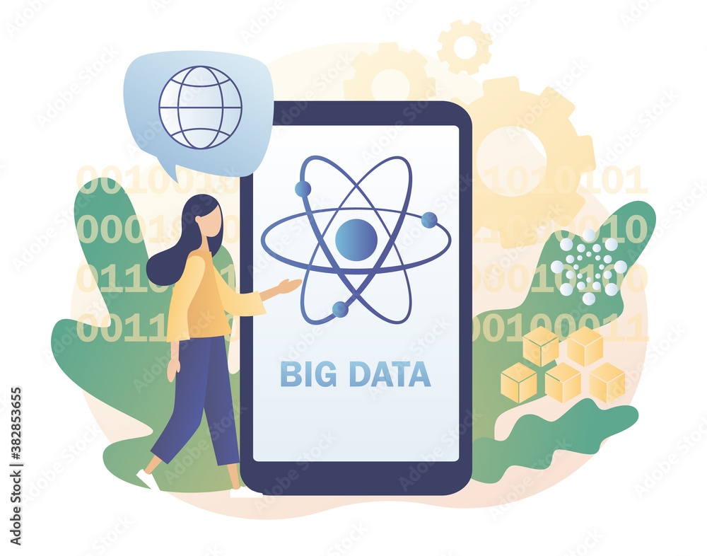 Poster quantum computing concept. big data. optical technology, photonics research. tiny woman engineer and