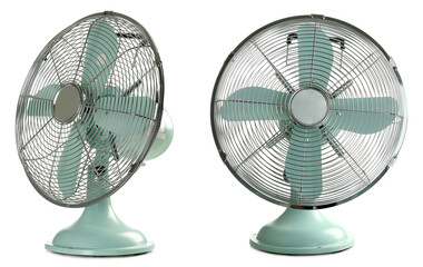 Fan on white background, collage with views from different sides