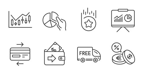 Presentation, Wallet and Currency exchange line icons set. Loyalty star, Free delivery and Pie chart signs. Financial diagram, Credit card symbols. Quality line icons. Presentation badge. Vector
