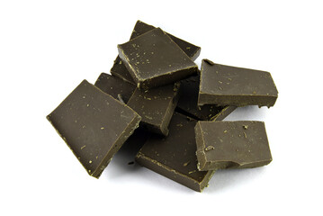 Large pieces of chocolate close-up, on a white background. Focus Stacking
