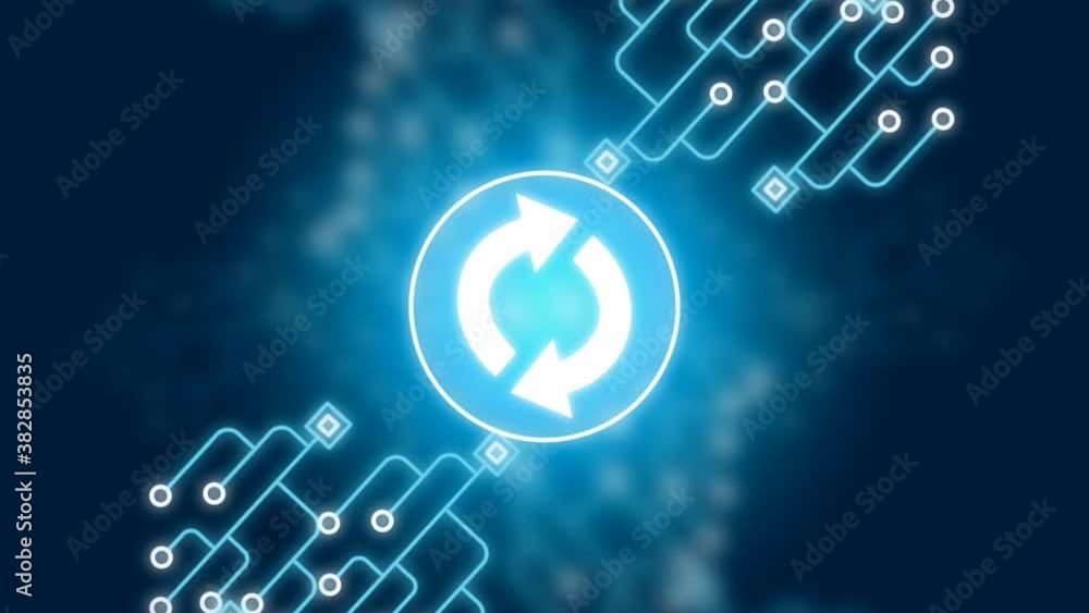 Poster animation abstract digital data and network connections refresh rotate recycle logo on blue cyber or