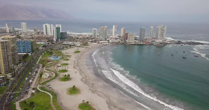 Aerial shot in Iquique, a Chilean city with beach.