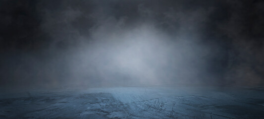 Dark empty street with smoke float up on dark background and spotlights on concrete floor, nightclub entertainment.