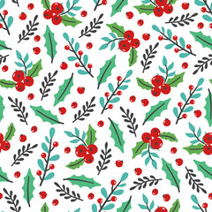 Christmas floral seamless pattern with flower, leaf, berries. Hand drawn style illustration. Winter holiday background for wallpaper, textile, fabric design.