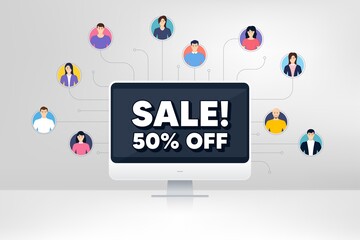 Sale 50% off discount. Remote team work conference. Promotion price offer sign. Retail badge symbol. Online remote learning. Virtual video conference. Sale message. Vector