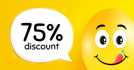 75% Discount. Easter egg with yummy smile face. Sale offer price sign. Special offer symbol. Easter smile character. Discount speech bubble. Yellow yummy egg background. Vector