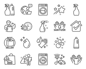 Cleaning icons set. Included icon as Washing machine, Toilet paper, Hold t-shirt signs. Clean bubbles, Dryer machine, Vacuum cleaner symbols. Spray, Dishwasher timer, Shampoo. Water drop. Vector