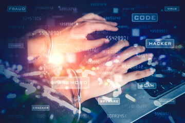 Double exposure of hacker hands in handcuffs