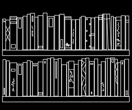Shelf with books on a black background. Silhouette. Vector illustration.