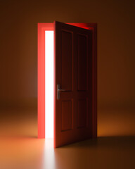 mystery light from open red door. 3d render.