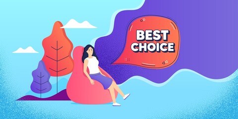 Best choice. Woman relaxing in bean bag. Special offer Sale sign. Advertising Discounts symbol. Freelance employee sitting in beanbag. Best choice chat bubble. Vector