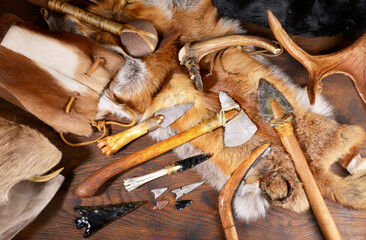 Stone Age Tools on wooden Background - Panoramic View