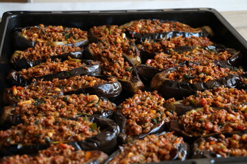 Low-fat meal. Eggplant and minced meat