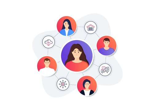 Set Of Technology Icons, Such As Time Management, Parking Garage, Cloud Protection Symbols. Online Team Work Banner. Employee Remote Job. 5g Technology Line Icons. Vector