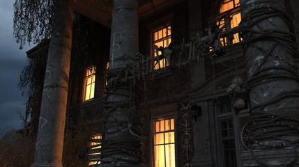The facade of an old abandoned creepy house with glowing windows. Night scene from a horror movie. 3D illustration.