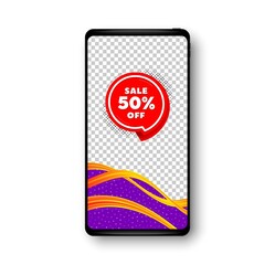 Sale 50% off sticker. Phone mockup vector banner. Discount banner shape. Coupon bubble icon. Social story post template. Sale 50% badge. Cell phone frame. Liquid modern background. Vector