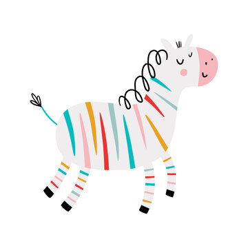 Rainbow zebra. Zebra flat hand drawn poster. Cartoon character for kids and babies fashion. Vector children's illustration. Funny zoo print.