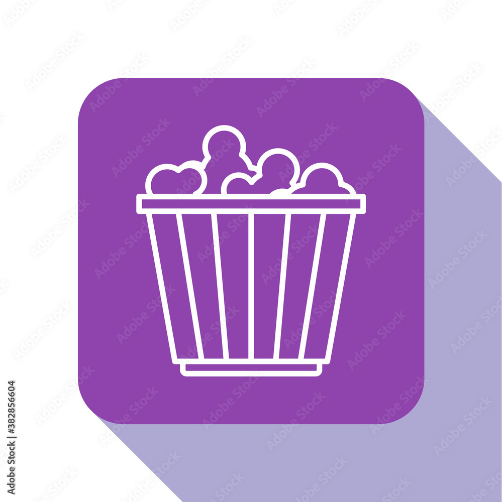 Poster white line popcorn in cardboard box icon isolated on white background. popcorn bucket box. purple sq