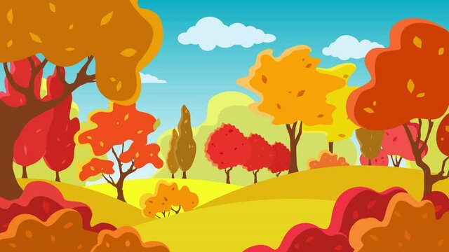 Background with autumn trees, leaves, bush, sky, clouds. Rural beautiful landscape. Bright footage for dynamic, simple, stylish web design. Natural seasonal web-banner. Contemporary modern trendy anim
