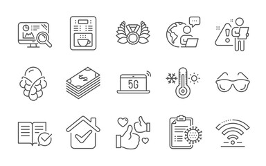 Laureate medal, Thermometer and Eyeglasses line icons set. Dollar, Wifi and Coffee maker signs. Like, 5g notebook and Ice cream symbols. Line icons set. Vector