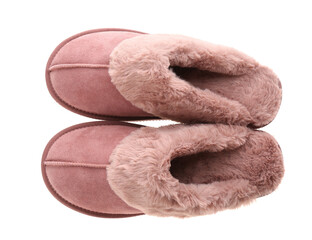 Stylish soft slippers on white background, top view
