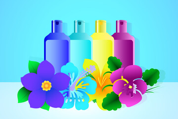 Cosmetic set of four bottles of shampoo and hair balm created on the basis of a floral composition.