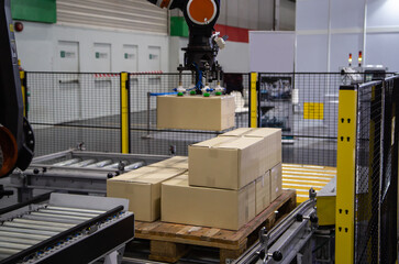 Industrial robot arm loading carton on conveyor in manufacturing production line