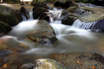 Mountain stream in autumn. Stream in the forest.