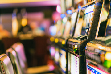 close up background of slot machine in casino club entertainment  leisure concept