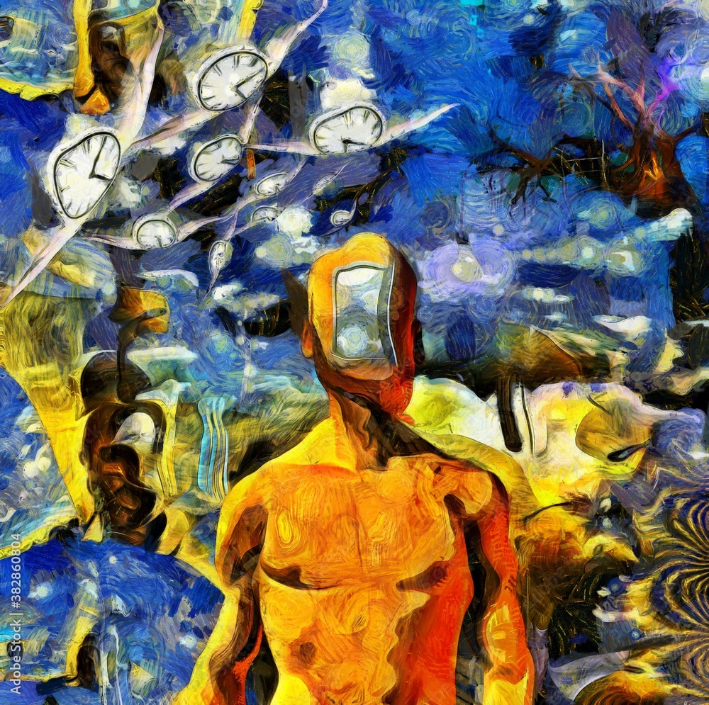 Poster surreal painting. man with open door instead of face. lightbulb on a tree branch. winged clock repre