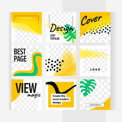Orange modern style with green monstera leaves. Set of square templates for design of social networks, instagram story and print with windows for images. 