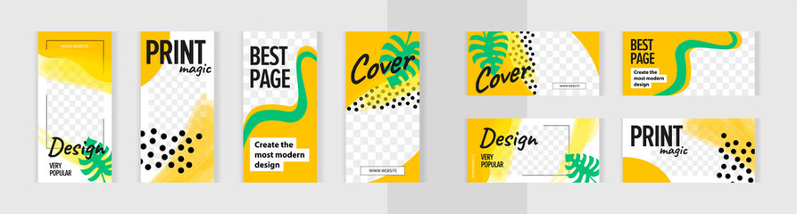 Orange modern style with green monstera leaves. Set of vertical and horizontal banners for design of social networks, story and print with windows for images. 