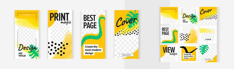 Orange modern style with green monstera leaves. Set of vertical and square banners for design of social networks, instagram story and print with windows for images. 
